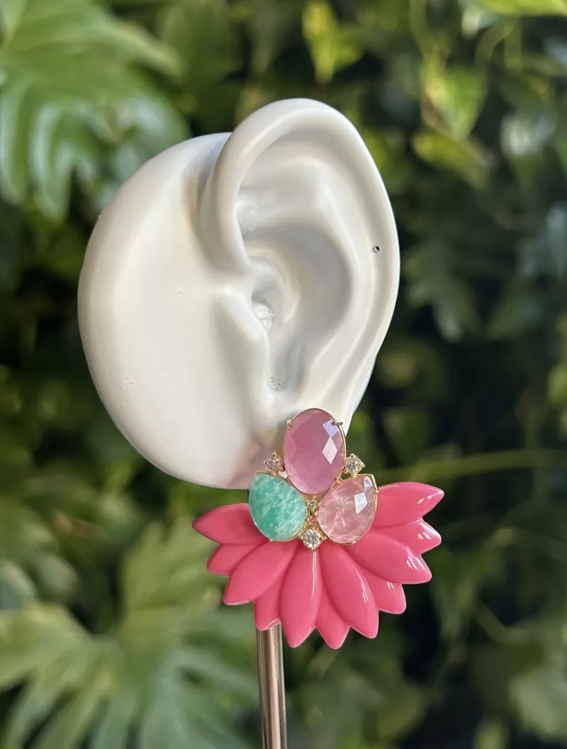 Mikabe - Brinco Festa Resina Rosa com Pedras Naturais - MK1791