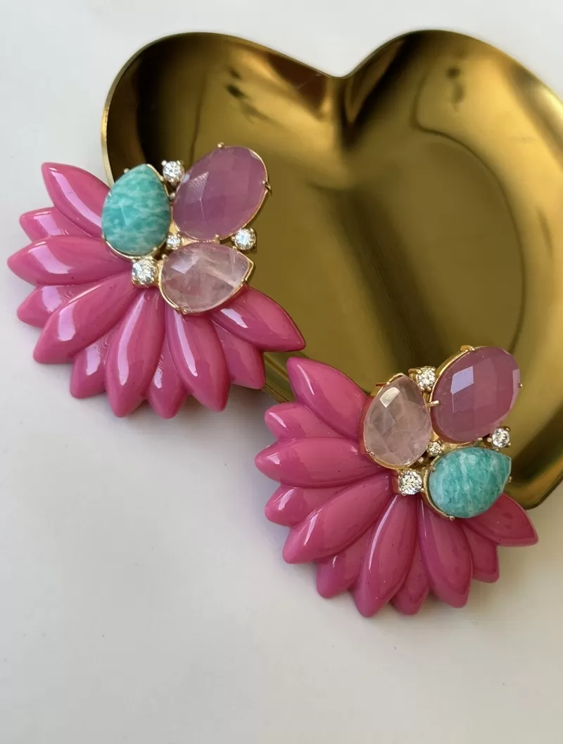Mikabe - Brinco Festa Resina Rosa com Pedras Naturais - MK1791