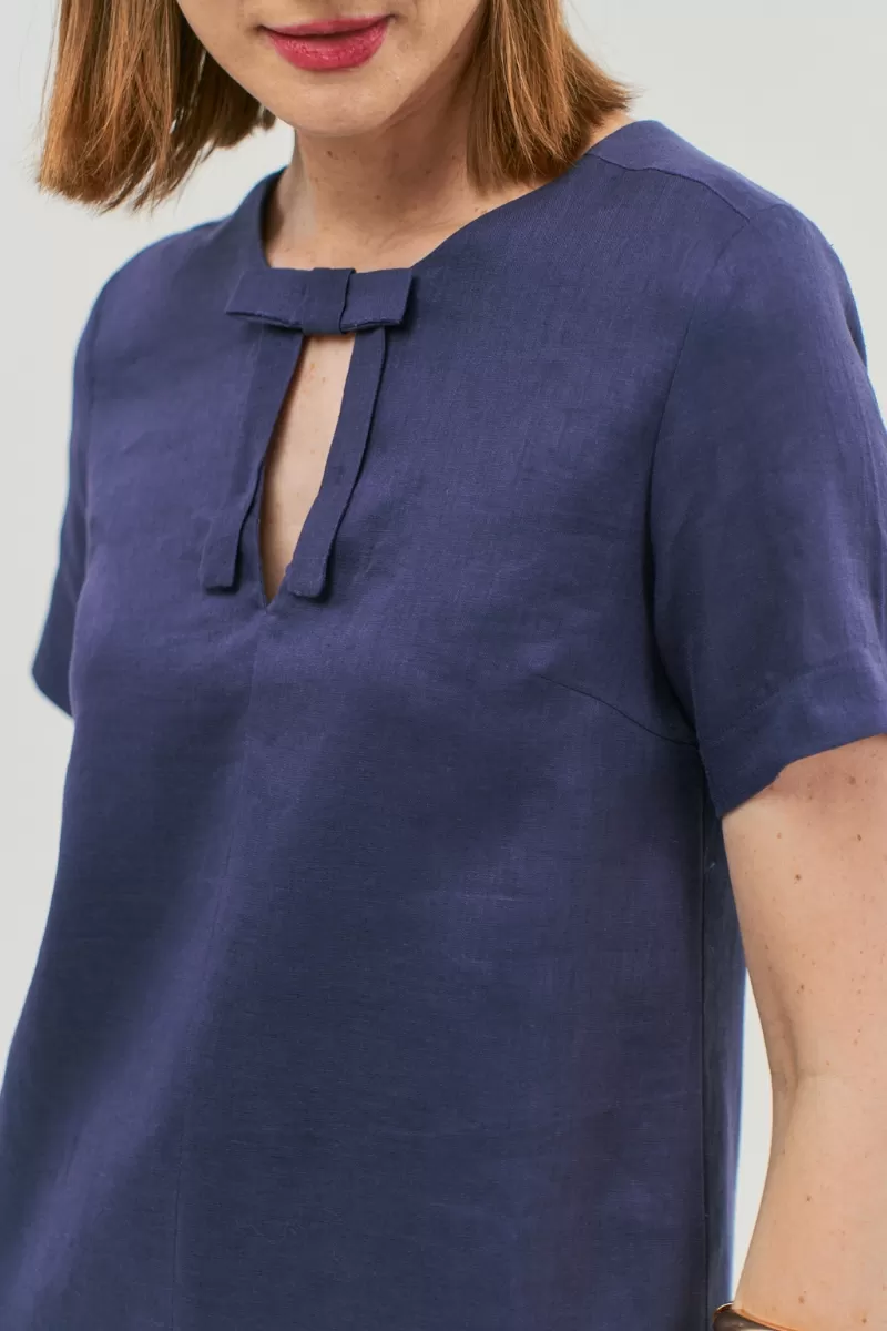 Hidrogênio - SHORT FLARE DRESS WITH BOW IN 100% NAVY LINEN - 20066004