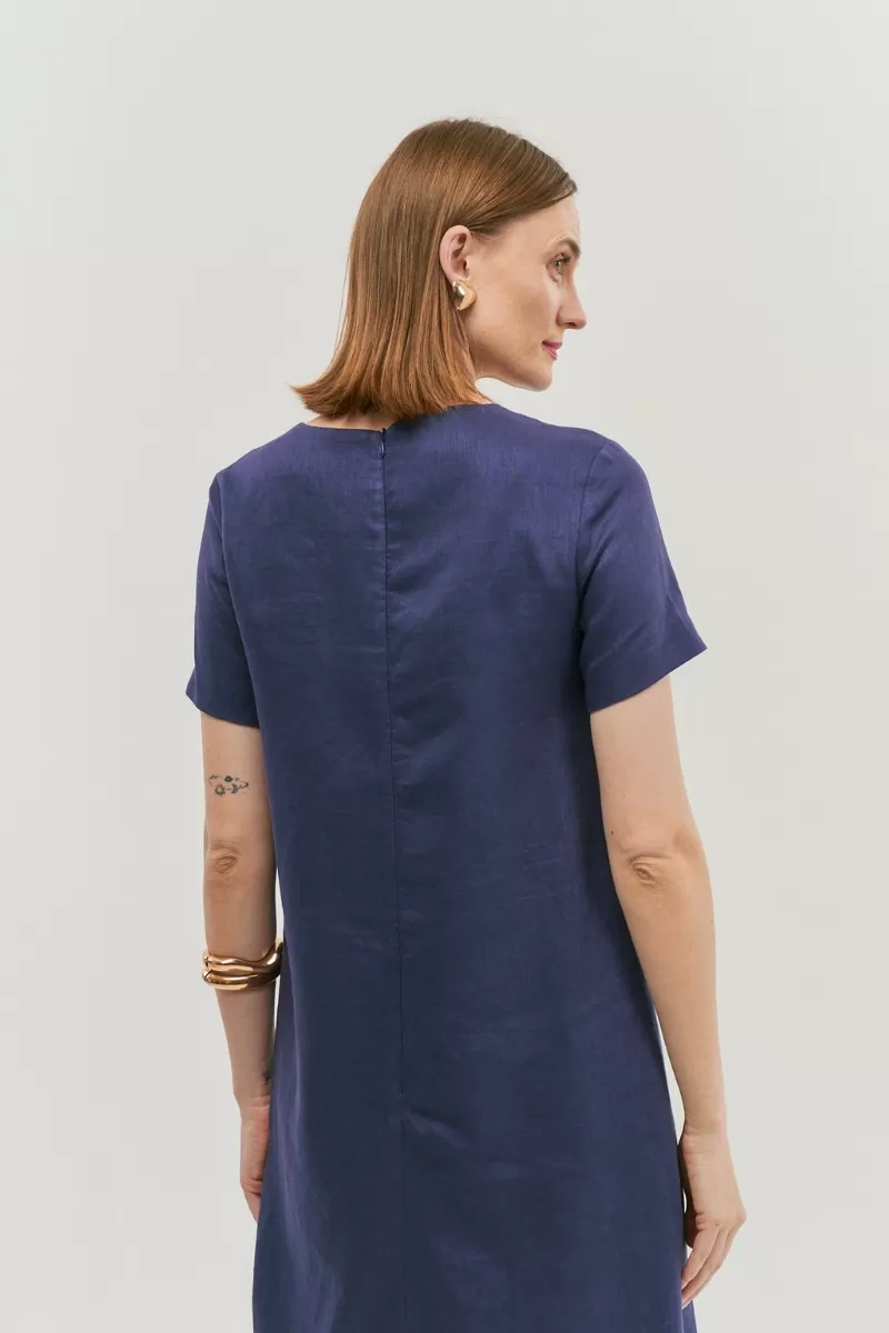 Hidrogênio - SHORT FLARE DRESS WITH BOW IN 100% NAVY LINEN - 20066004