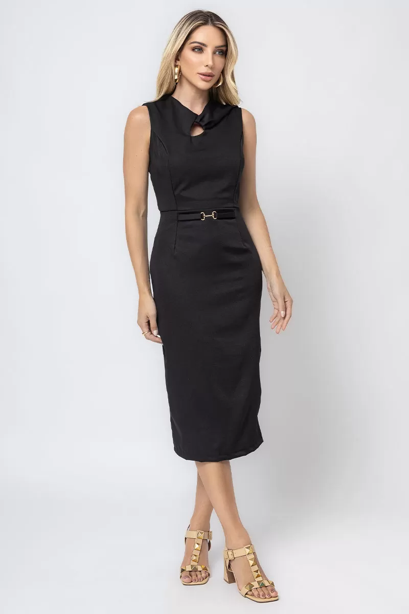 Miss Misses - Vestido Miss Misses Midi Detalhe Metal Preto - 54357PRETO