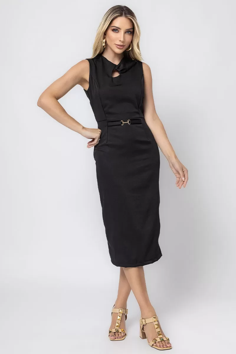 Miss Misses - Vestido Miss Misses Midi Detalhe Metal Preto - 54357PRETO