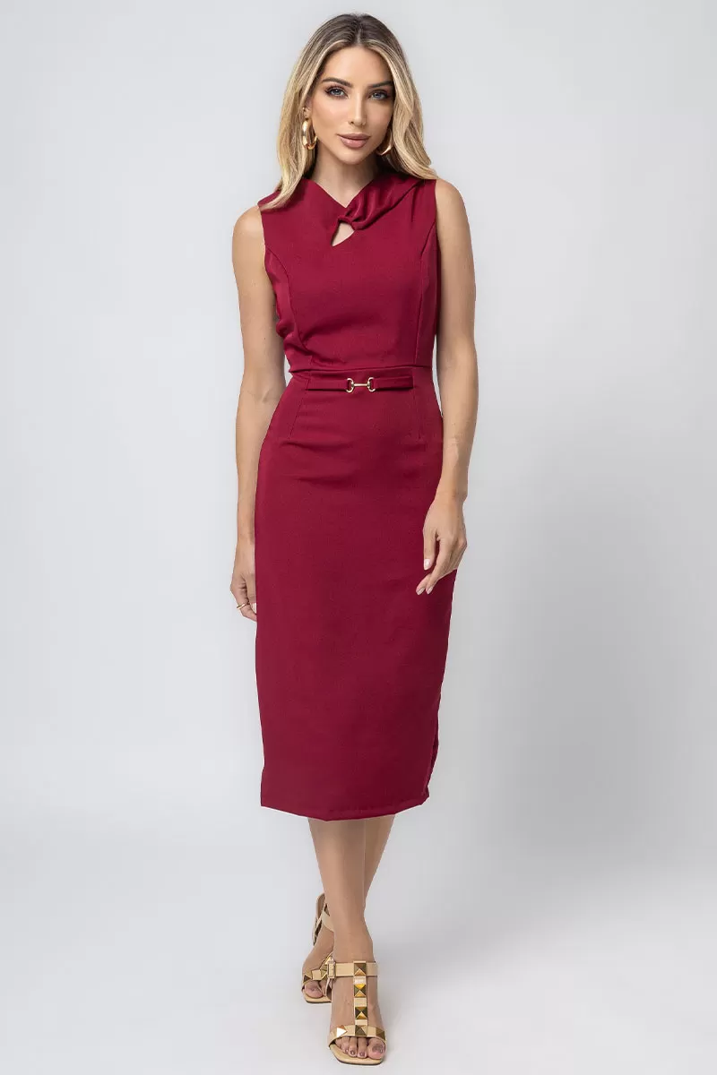 Miss Misses - Vestido Miss Misses Midi Detalhe Metal Bordô - 54357BORDO