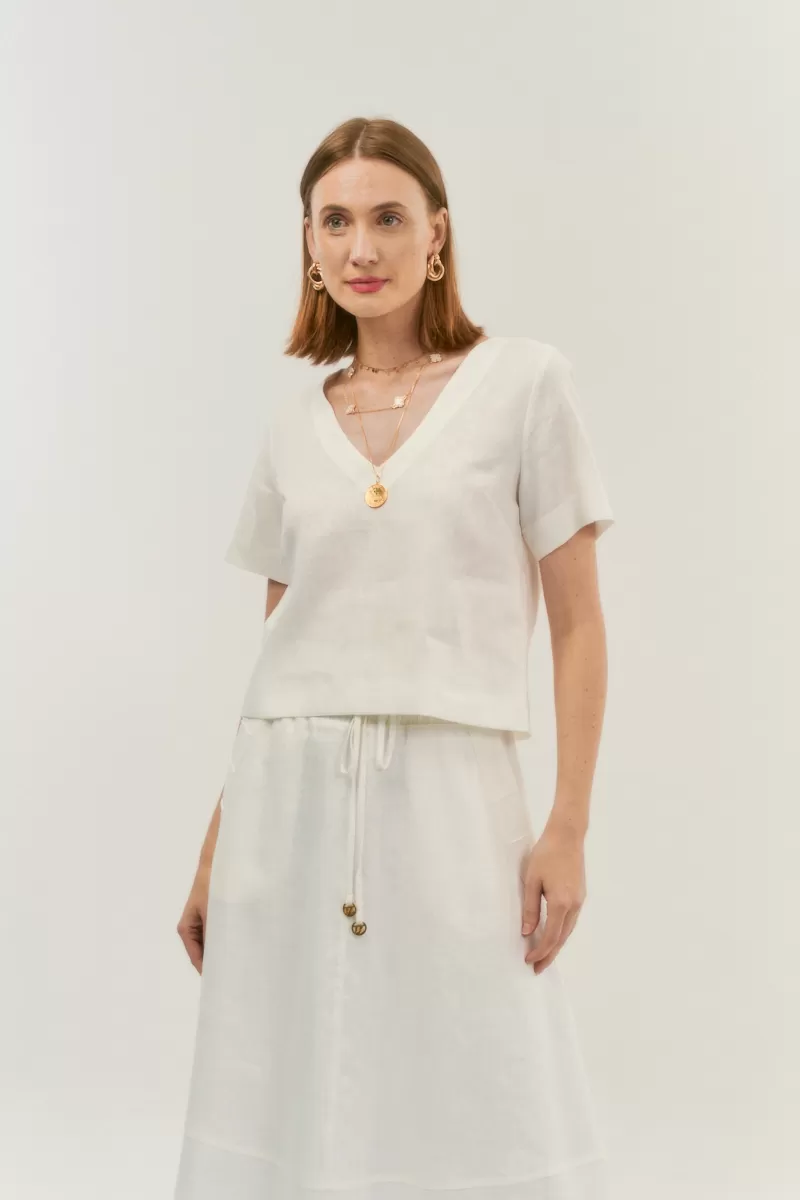 Hidrogênio - BLUSA DECOTE V MANGA CURTA LINHO 100% OFF WHITE - 20086018