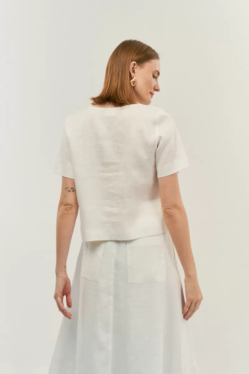 Hidrogênio - BLUSA DECOTE V MANGA CURTA LINHO 100% OFF WHITE - 20086018