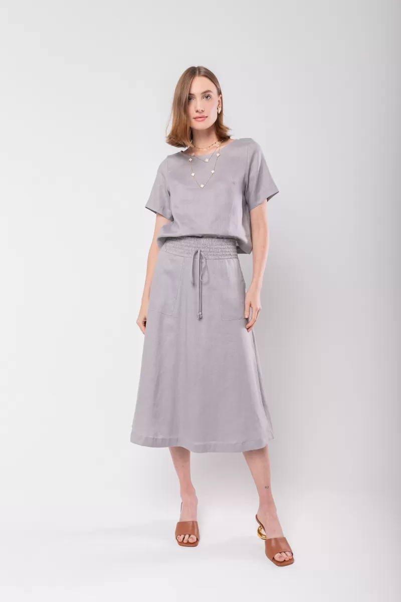 Hidrogênio - SAIA EVASE MIDI 100% LINHO CINZA - 19800030