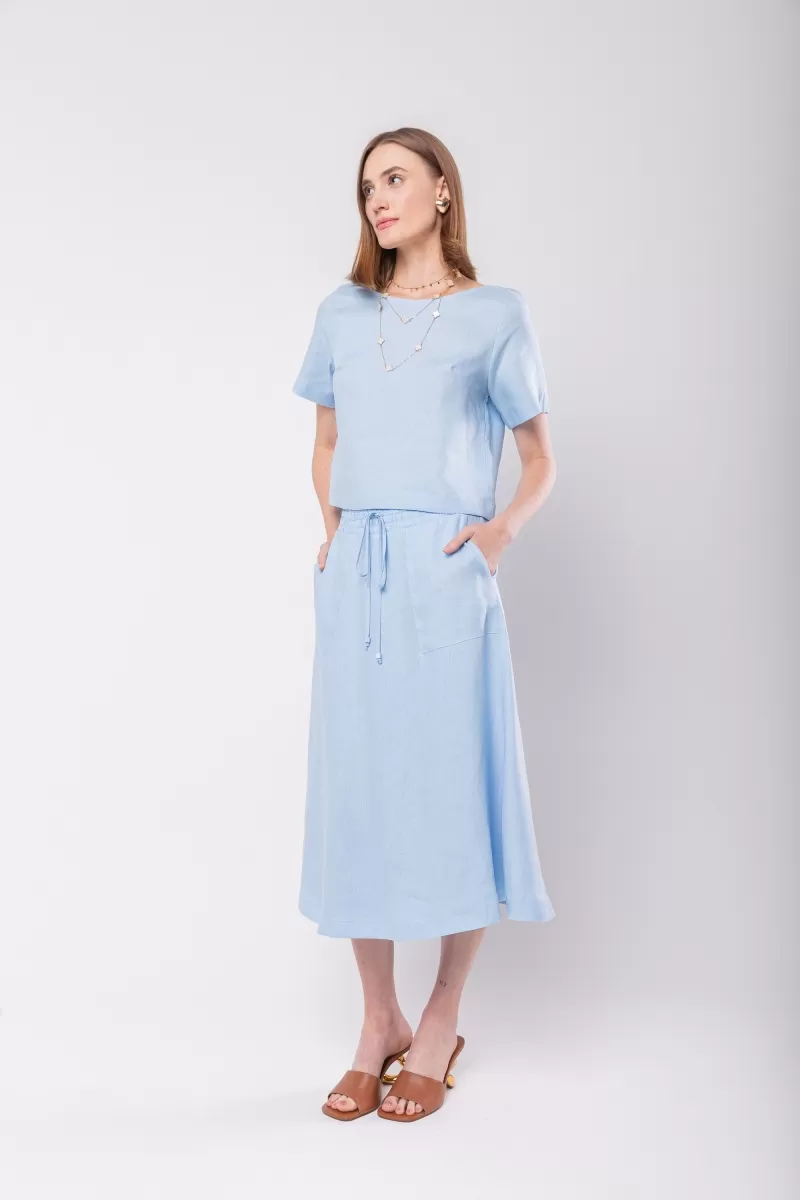 Hidrogênio - SAIA EVASE MIDI 100% LINHO AZUL BEBE - 19800111