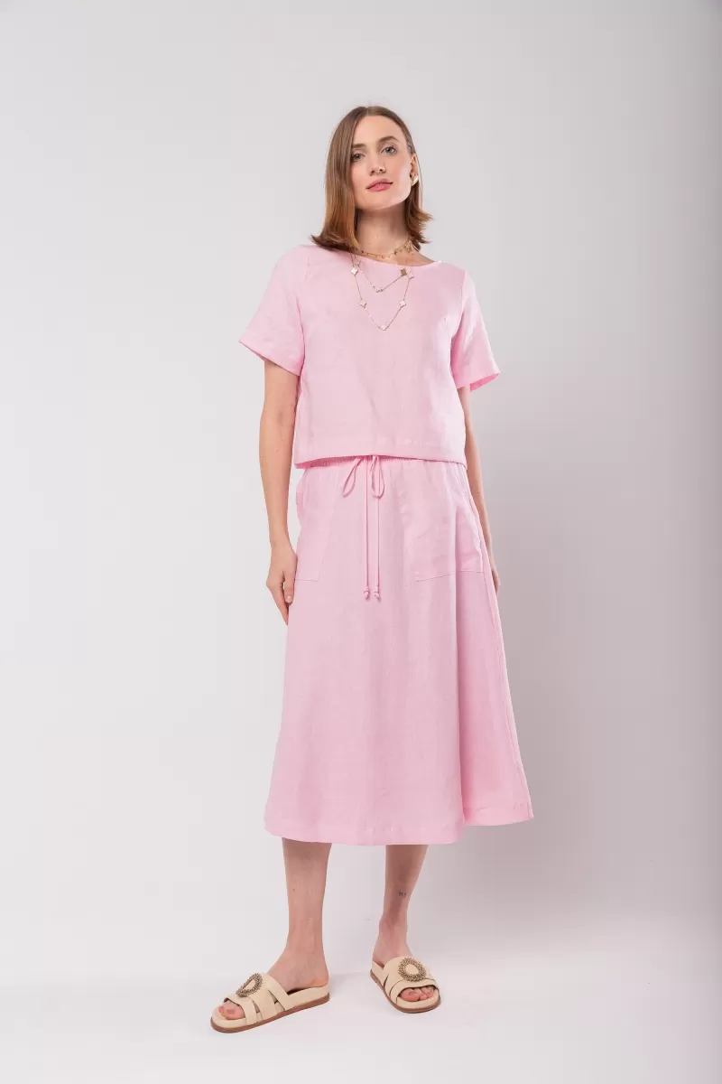 Hidrogênio - SAIA EVASE MIDI 100% LINHO ROSA - 19800021