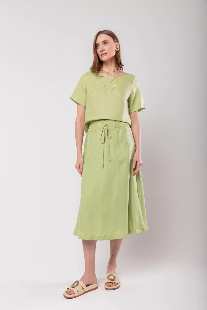 Hidrogênio - SAIA EVASE MIDI 100% LINHO VERDE CLARO - 19800462