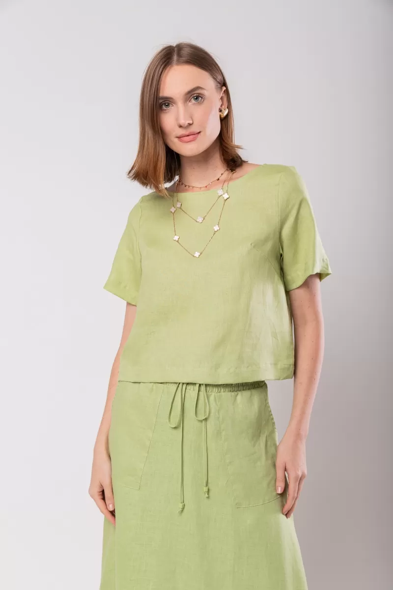 Hidrogênio - LIGHT GREEN 100% LINEN CROPPED TOP - 19801462