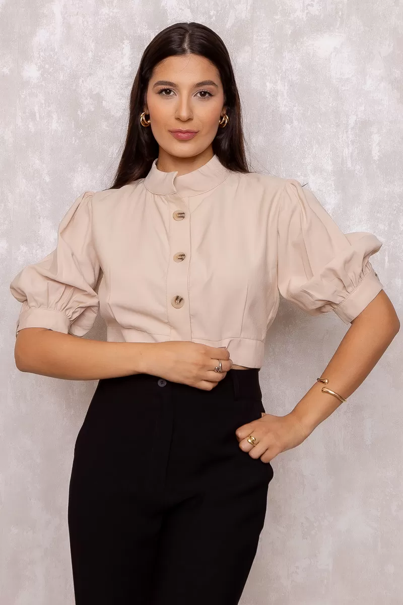 Miss Misses - Blusa Miss Misses Nathalia Manga Com botões Bege - 80561BEGE