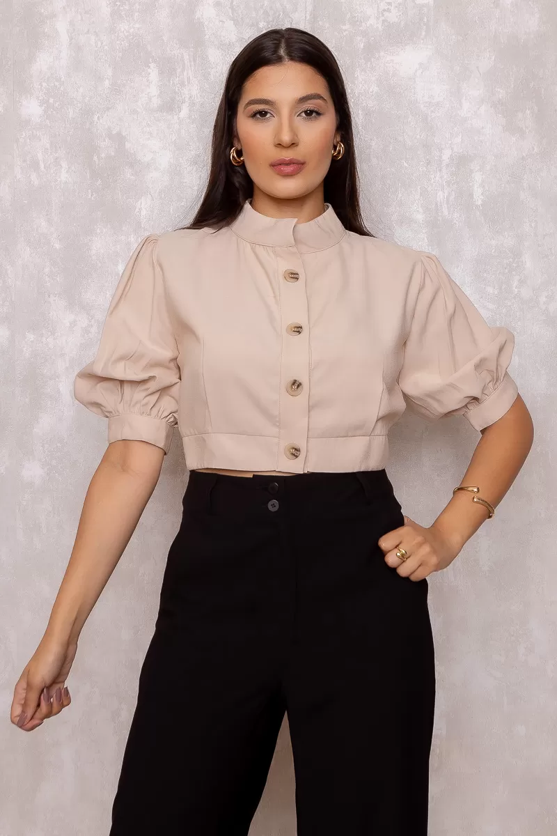 Miss Misses - Blusa Miss Misses Nathalia Manga Com botões Bege - 80561BEGE