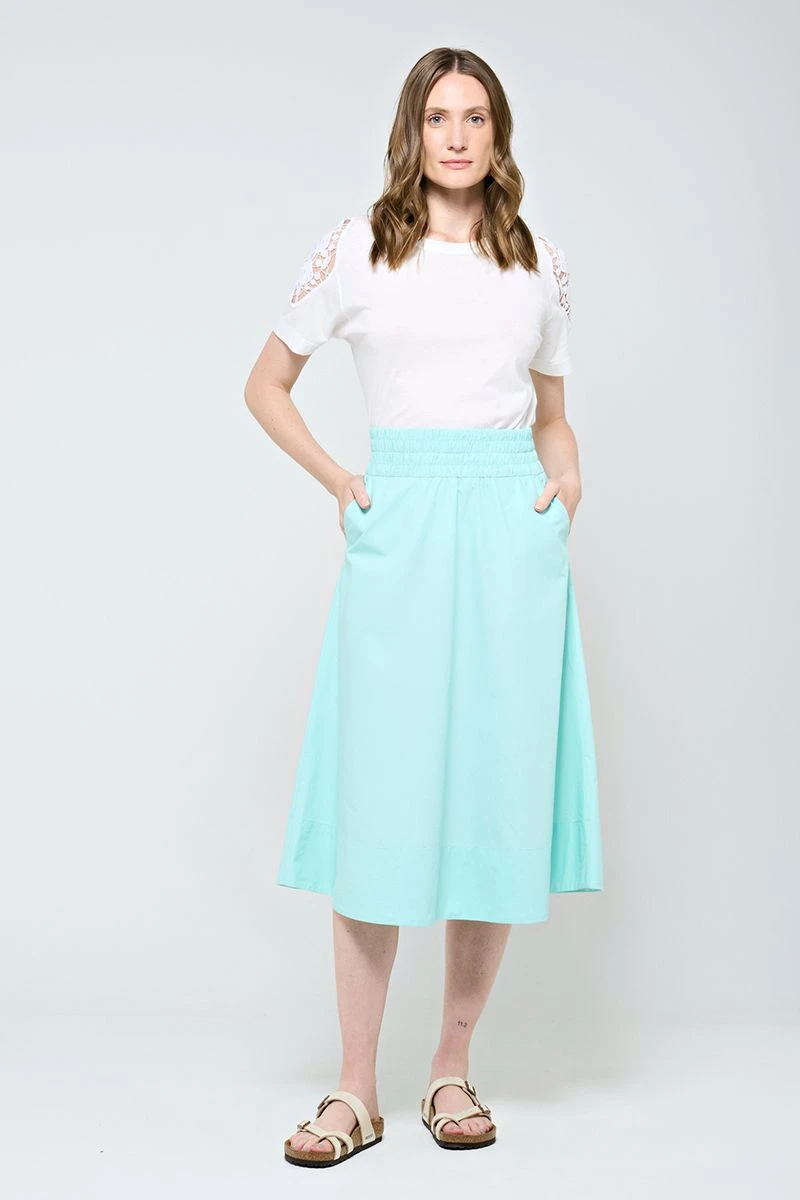Hidrogênio - MIDI SKIRT WITH POCKET AND RUFFLED HEM IN WATER GREEN TRICOLINE - 20179157