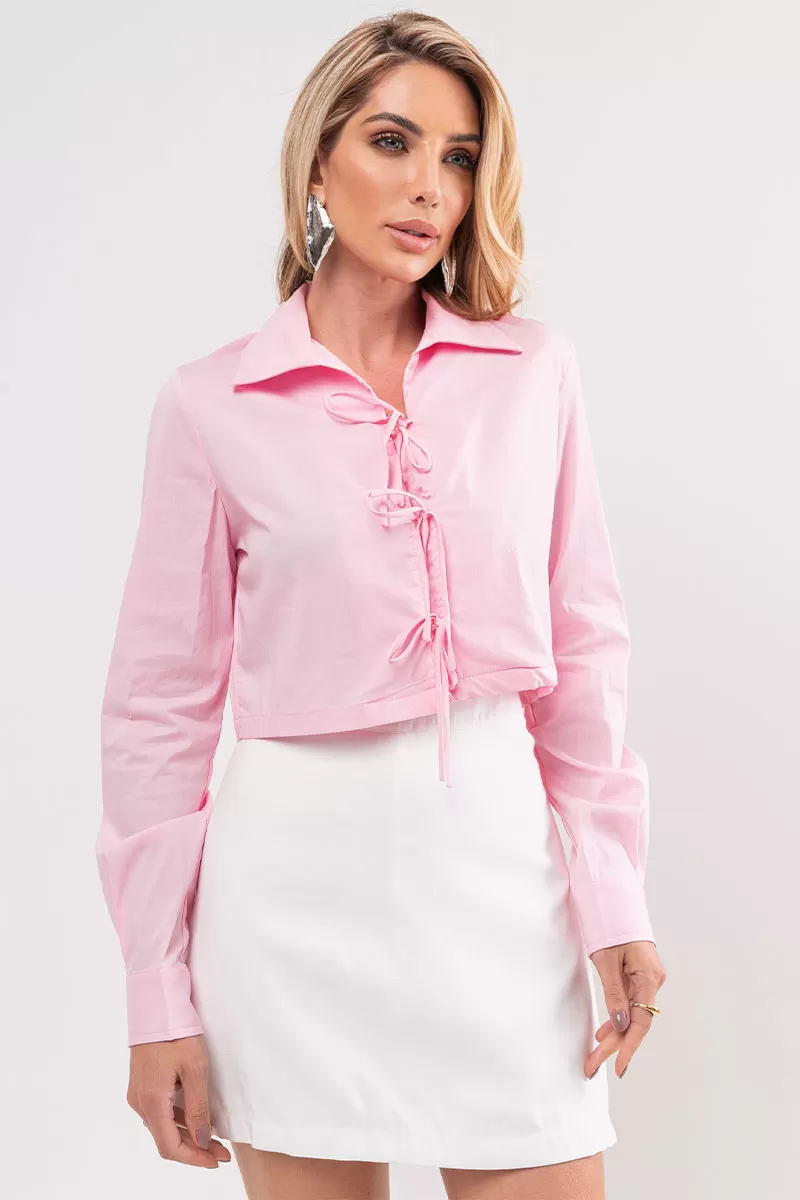 Miss Misses - Olivia Long Sleeve Shirt with Tie Front in Pink - 54361060