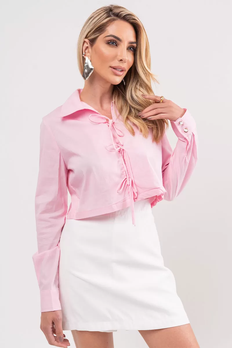 Miss Misses - Olivia Long Sleeve Shirt with Tie Front in Pink - 54361060