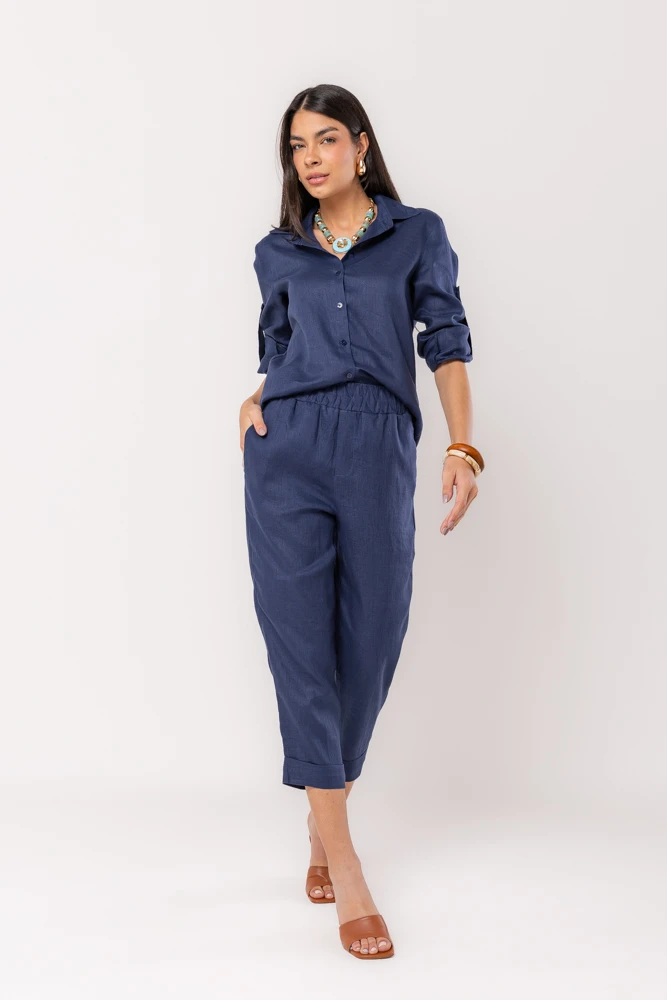 Hidrogênio - CALÇA CENOURA POLIANA LINHO 100% MARINHO - 19886004