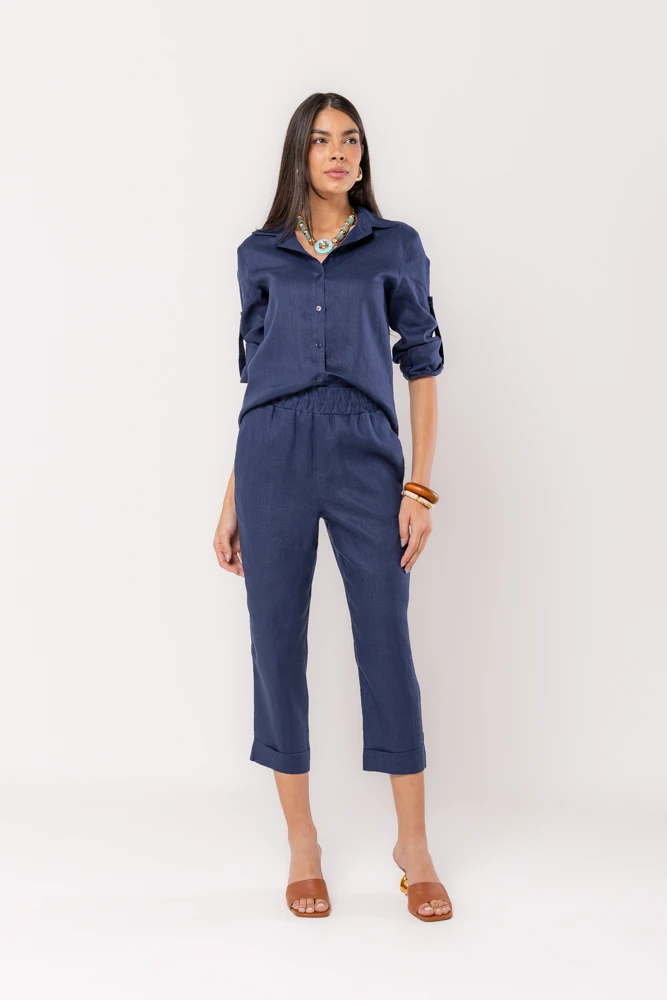 Hidrogênio - CALÇA CENOURA POLIANA LINHO 100% MARINHO - 19886004