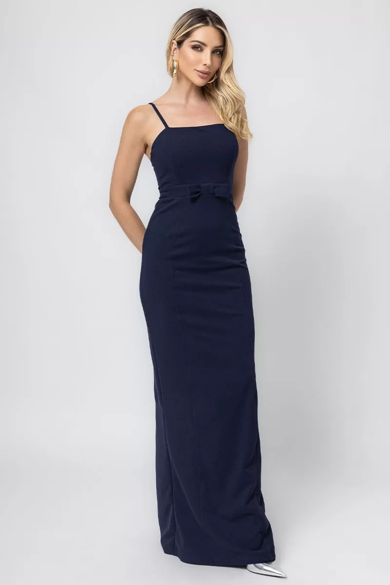 Miss Misses - Vestido Barbara Longo Com Laço Marinho - 54390004