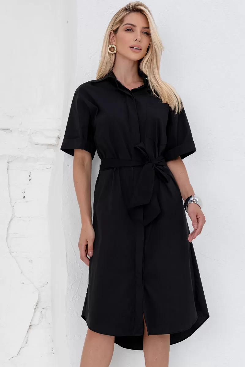 Miss Misses - Chemise Manga Curta Botões Com Faixa Preto - 54382001