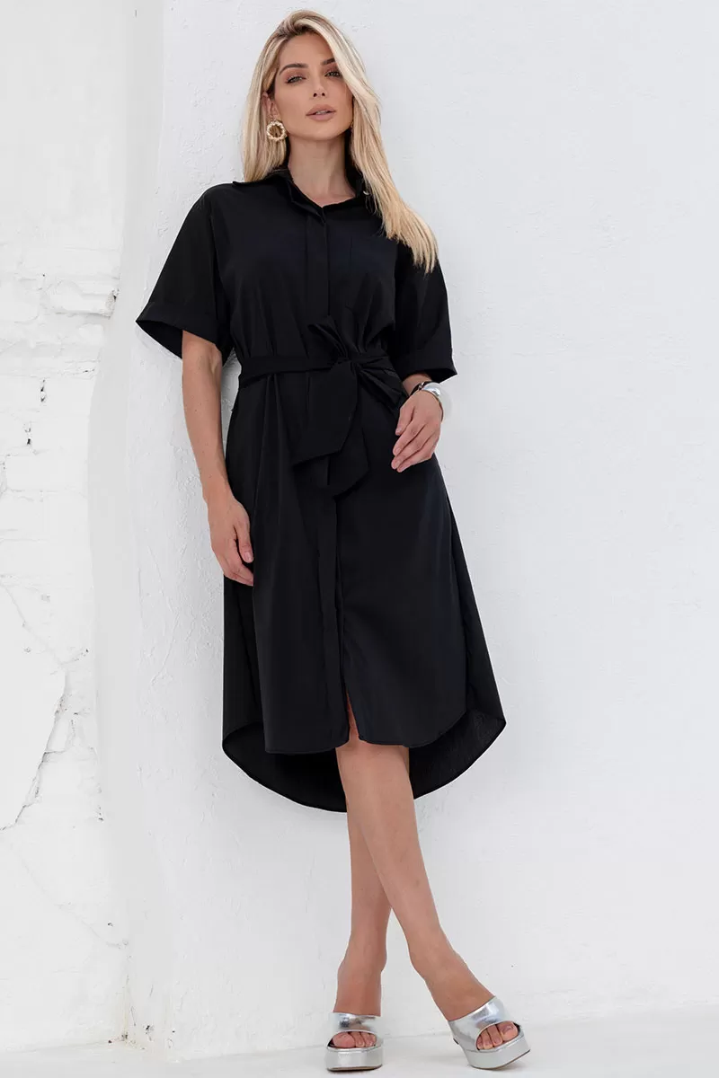 Miss Misses - Chemise Manga Curta Botões Com Faixa Preto - 54382001