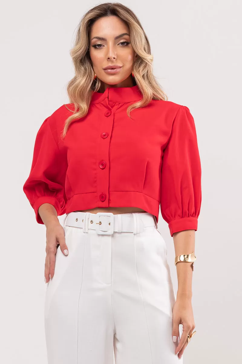 Miss Misses - Nathalia Shirt with Sleeves and Buttons in Red - 80561024