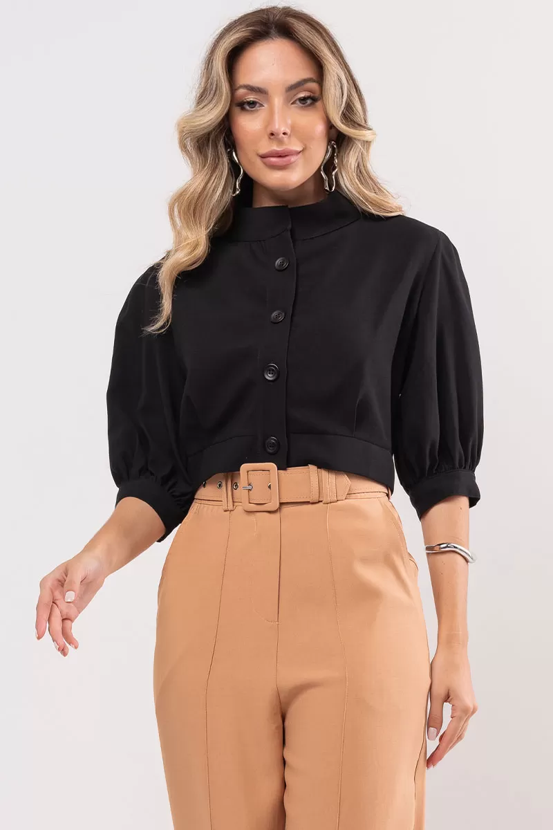 Miss Misses - Nathalia Shirt with Sleeves and Buttons in Black - 80561001