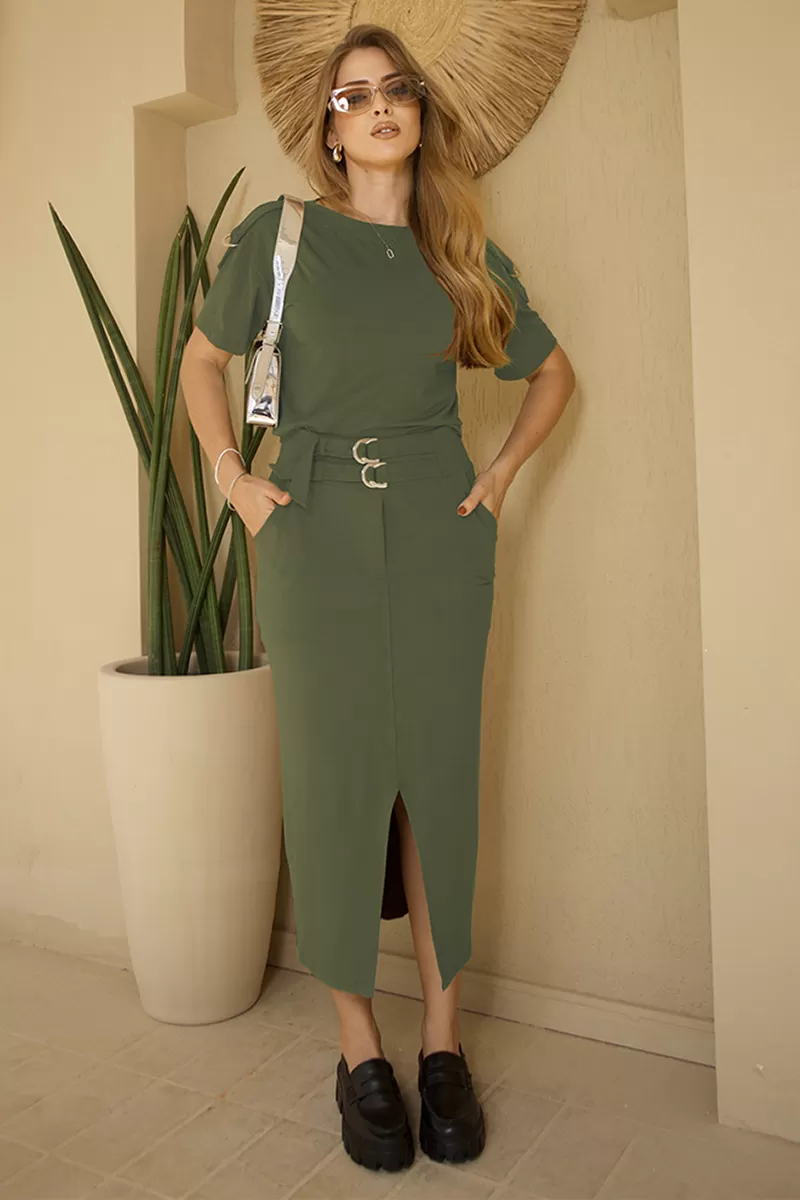 Miss Misses - Conjunto Miss Misses Isadora Blusa e Saia Verde Militar - 54235VERDE