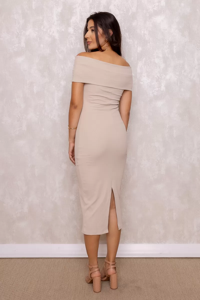 Miss Misses - Miss Misses Off-the-Shoulder Ribbed Beige Dress - 80525BEGECR