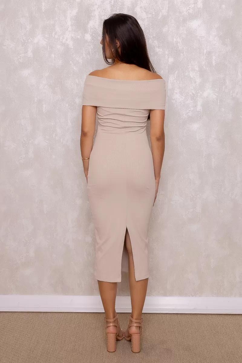 Miss Misses - Miss Misses Off-the-Shoulder Ribbed Beige Dress - 80525BEGECR