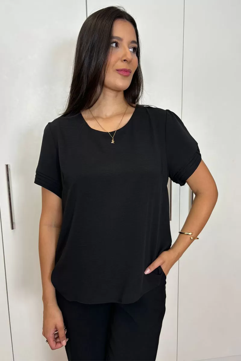 Miss Misses - Kim Short Sleeve Shirt With Pleats Black - 80574001