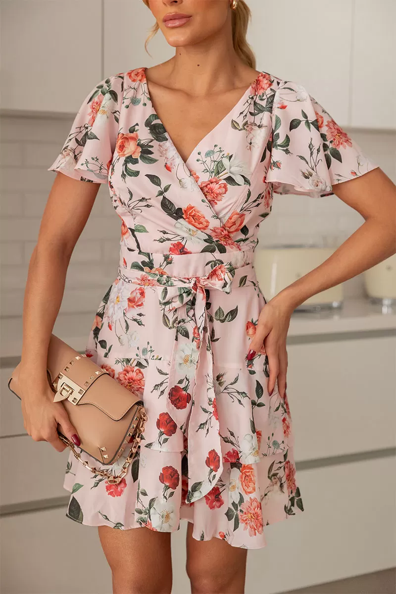 Miss Misses - Lara Printed Dress with Frills and Pink Belt - 54425060