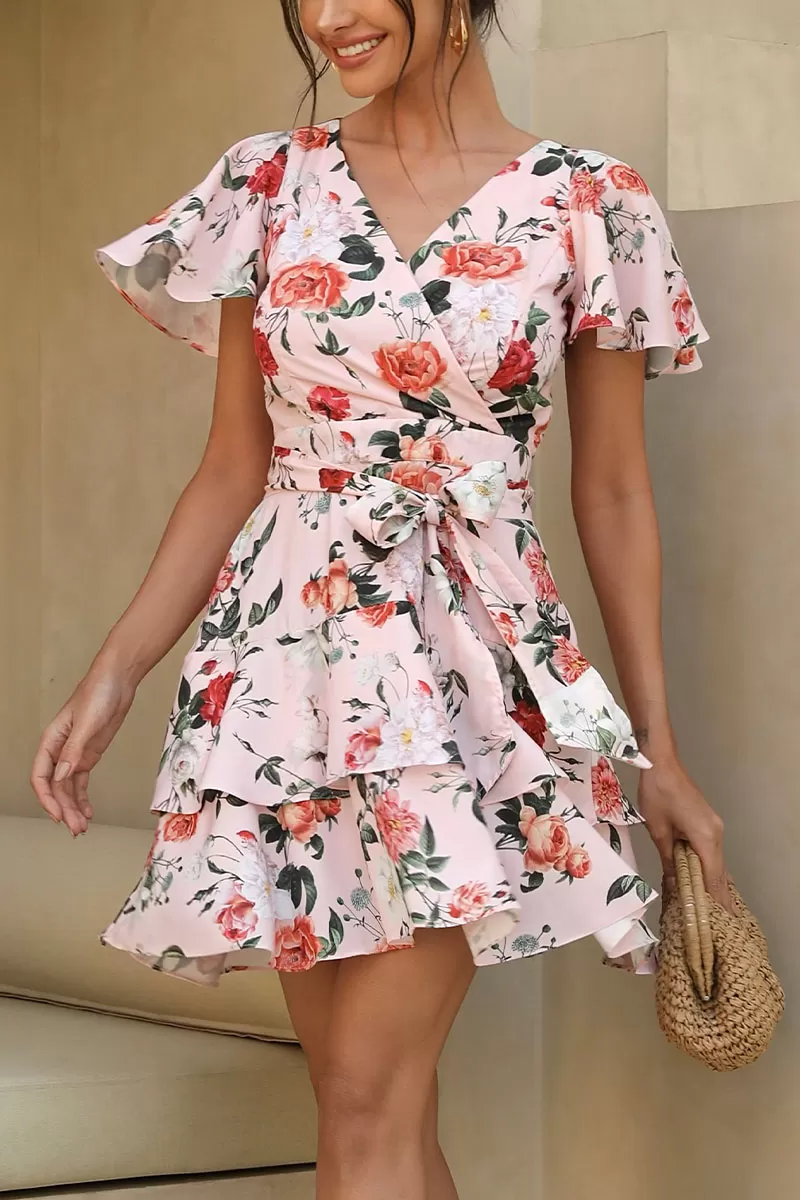 Miss Misses - Lara Printed Dress with Frills and Pink Belt - 54425060