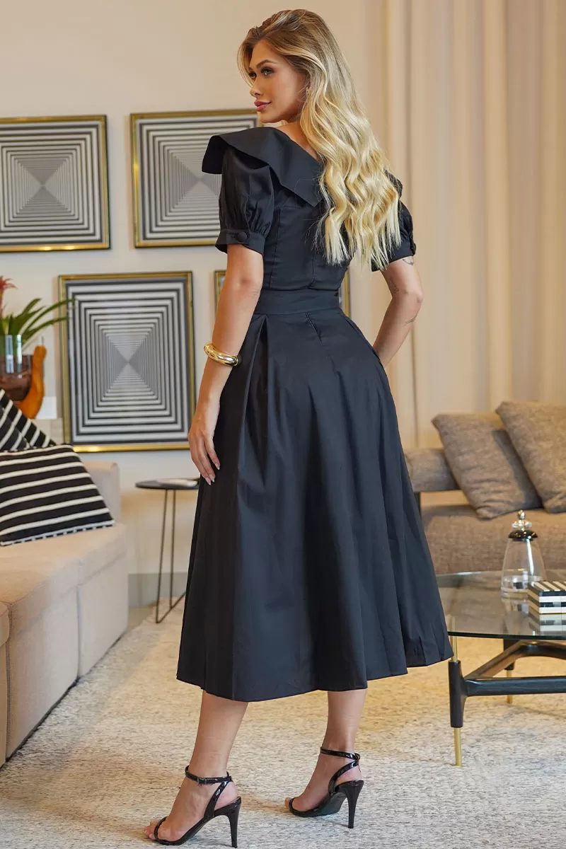 Miss Misses - Vestido Midi Karen Com Gola e Faixa Preto - 54424001