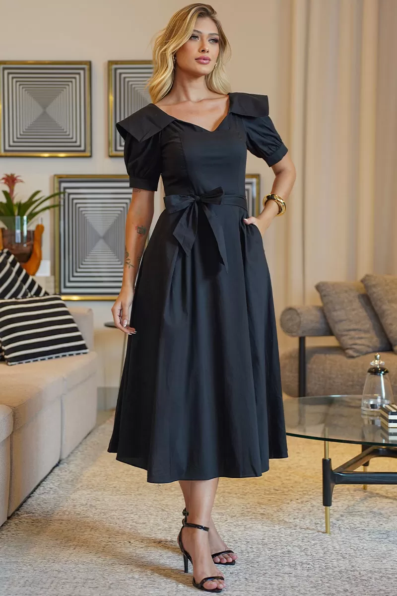 Miss Misses - Vestido Midi Karen Com Gola e Faixa Preto - 54424001