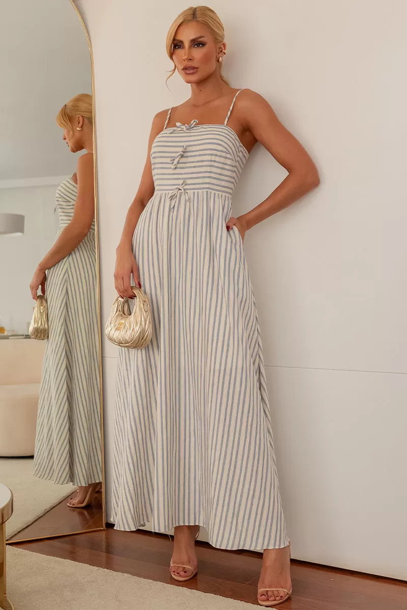 Miss Misses - Claudia Striped Midi Dress with Blue Bow - 54438020