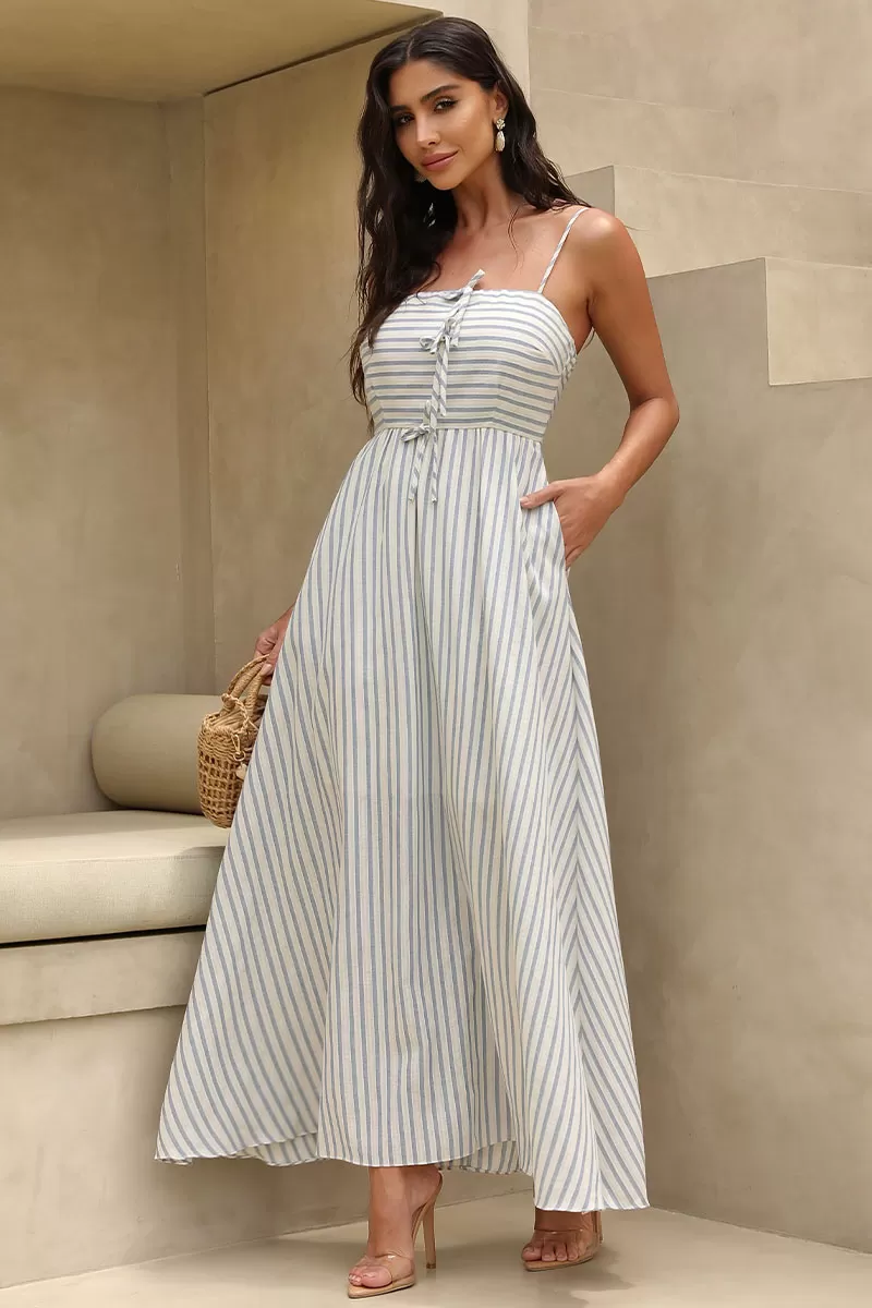 Miss Misses - Claudia Striped Midi Dress with Blue Bow - 54438020