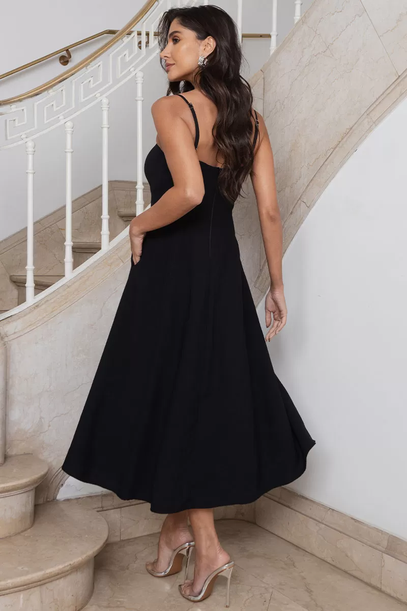 Miss Misses - Amanda Midi Dress with Openwork Detail and Pockets in Black - 54429001