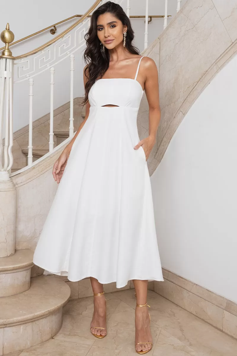 Miss Misses - Vestido Midi Amanda Detalhe Vazado C/ Bolsos Off White - 54429030