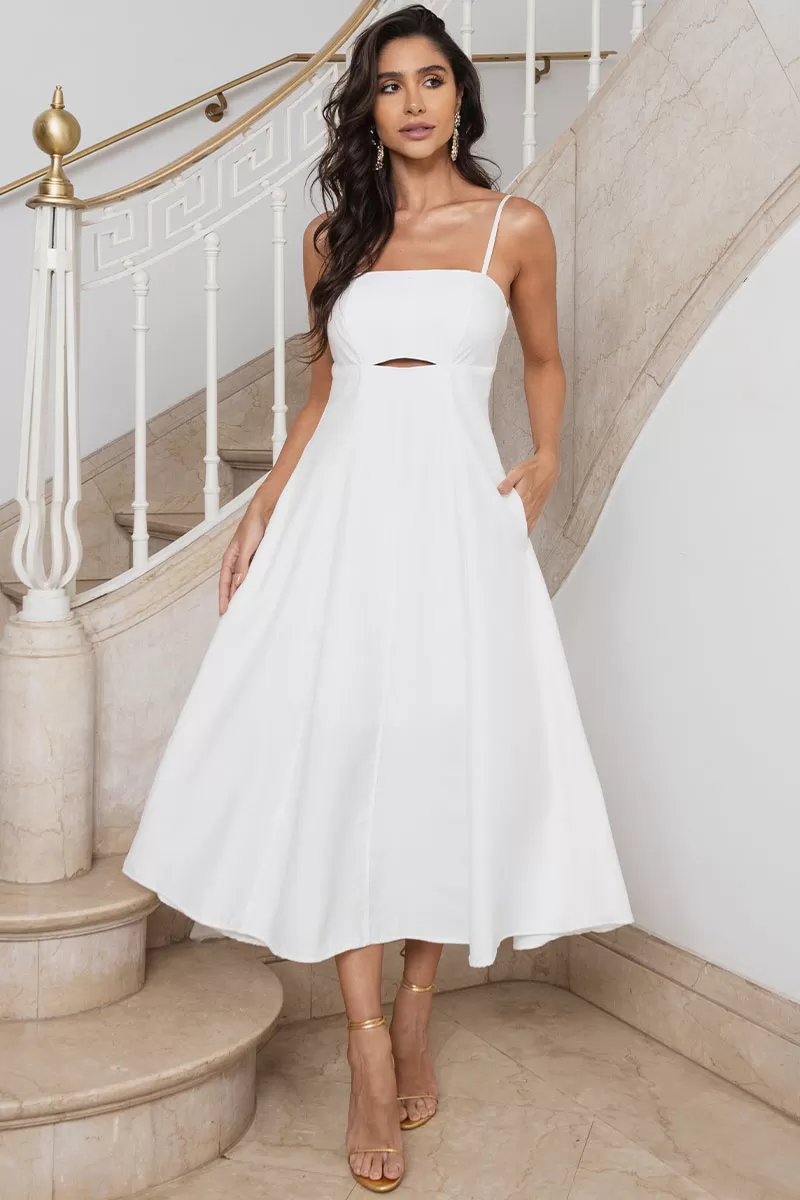 Miss Misses - Vestido Midi Amanda Detalhe Vazado C/ Bolsos Off White - 54429030