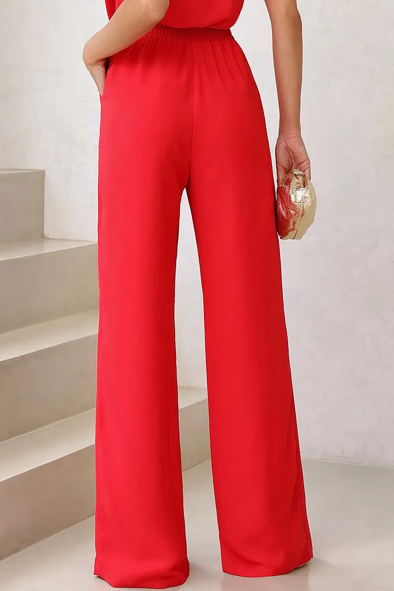 Miss Misses - Valquiria Pants with Elastic Waistband and Red Pocket - 54434024