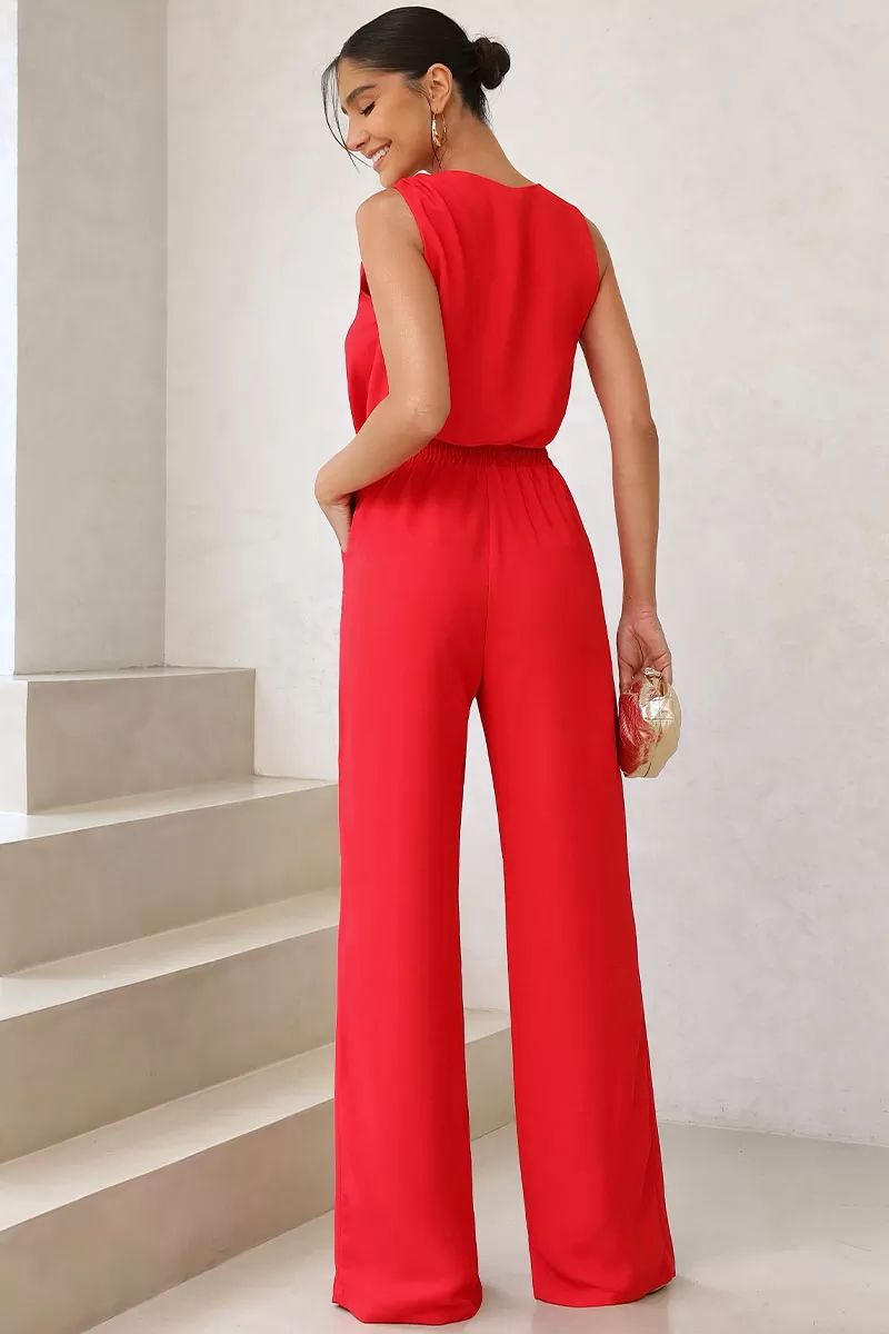 Miss Misses - Valquiria Pants with Elastic Waistband and Red Pocket - 54434024