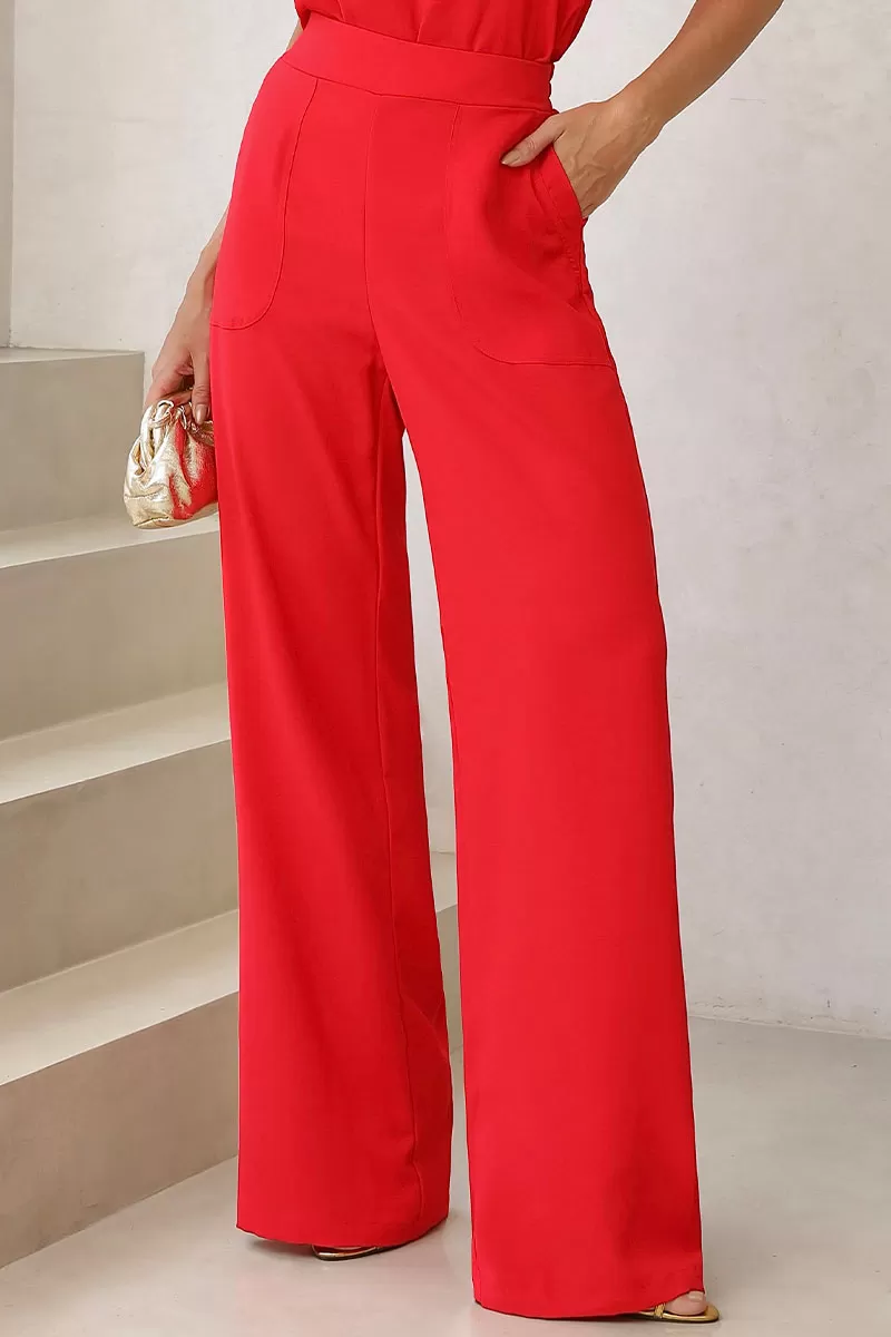 Miss Misses - Valquiria Pants with Elastic Waistband and Red Pocket - 54434024