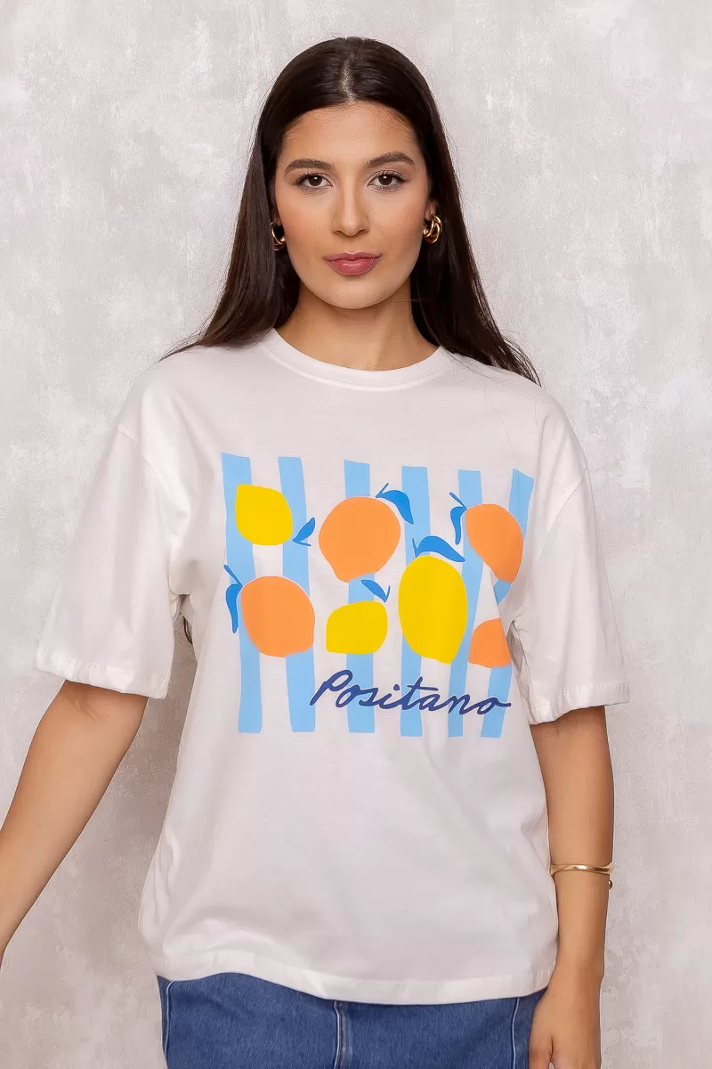 Dress Us - Positano Off White Printed T-Shirt - D0001