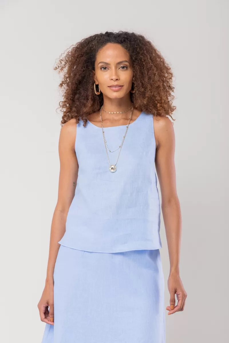 Hidrogênio - OVAL NECKLINE TANK TOP 100% LINEN IN INDIGO BLUE - 19869568