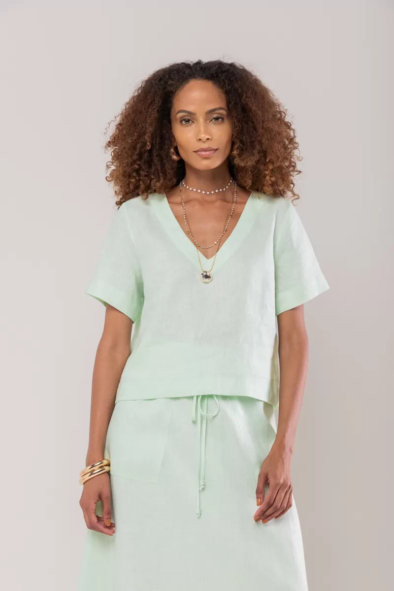 Hidrogênio - BLUSA DECOTE V MANGA CURTA LINHO 100% VERDE ÁGUA - 20086157