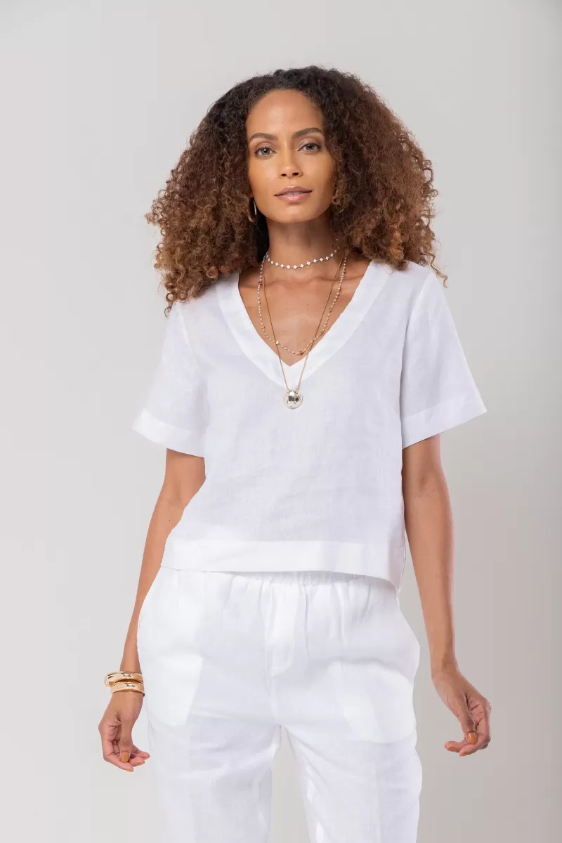 Hidrogênio - BLUSA DECOTE V MANGA CURTA LINHO 100% BRANCO - 20086002