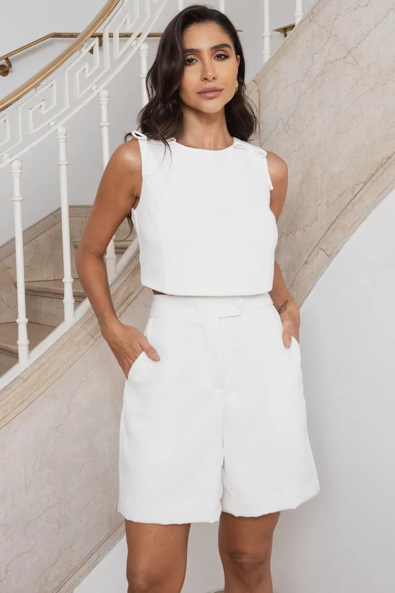 Miss Misses - Shorts Lidia Alfaiataria Com Bolsos Frontal Off White - 54441030