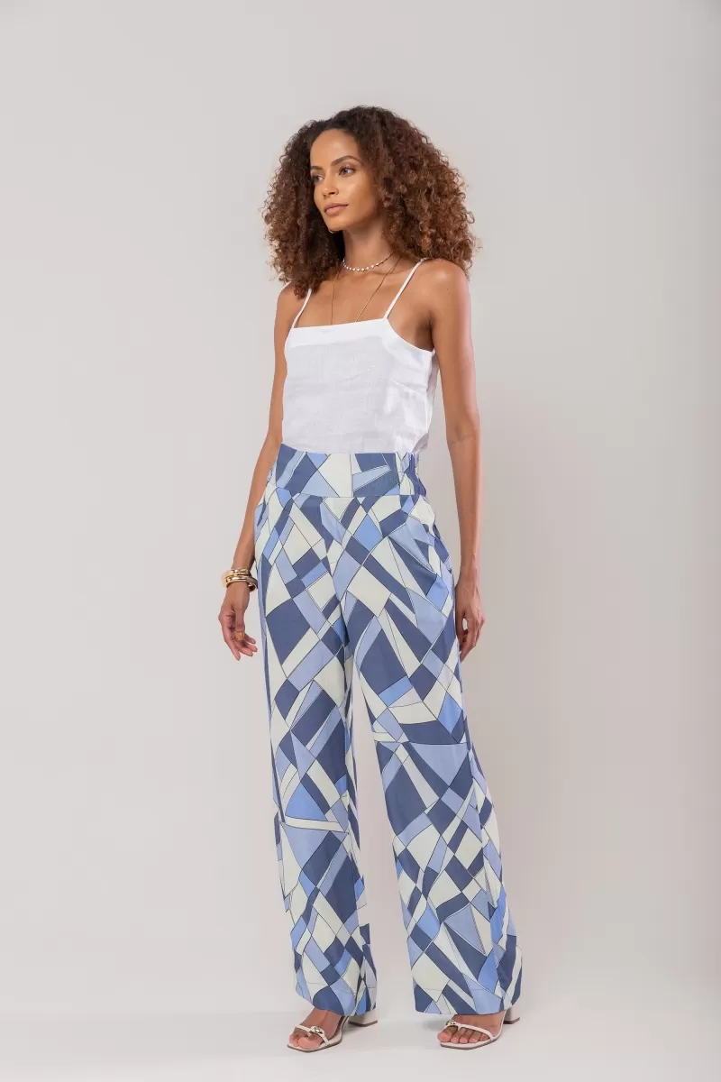 Hidrogênio - MANUELA BLUE STRAIGHT PRINTED PANTS WITH ELASTIC BAND - 20215015