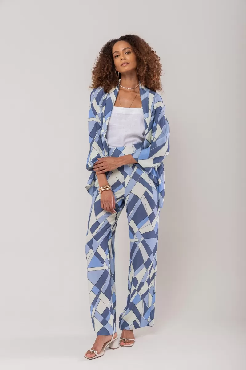 Hidrogênio - MANUELA BLUE STRAIGHT PRINTED PANTS WITH ELASTIC BAND - 20215015