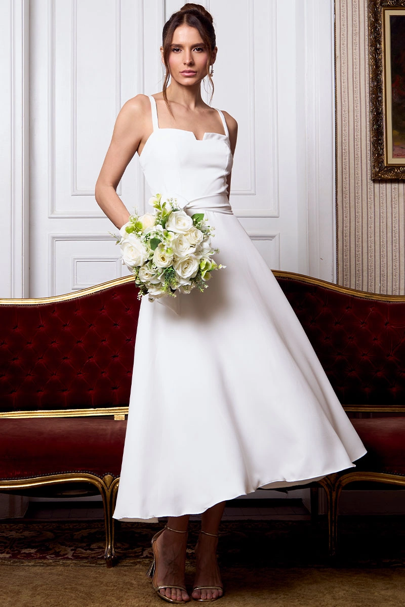 Miss Misses - Patricia Midi Dress with Thin Straps and Off-White Belt - 54456030